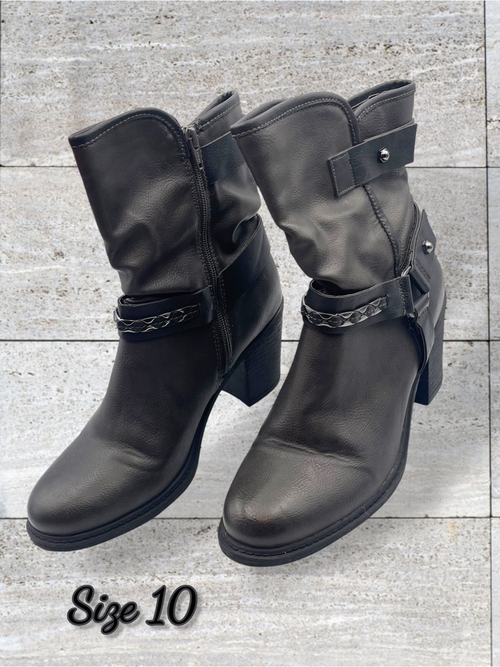 Relativity Grey Slouchy Moto Boots โ Faux Leather with Buckle & Chain Accents 10